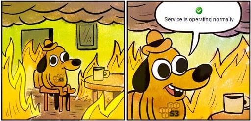 cartoon dog in burining building represents aws outage featured by RemoteRelief