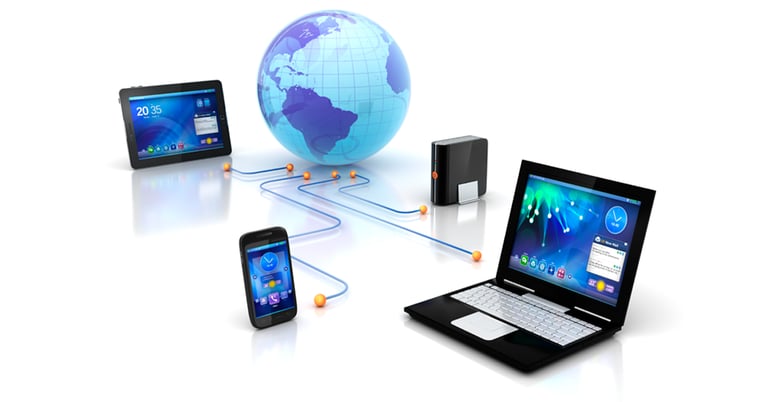 RemoteRelief explains mobile device management with supporting image of mobile devices connected around the globe through an enterprise server.